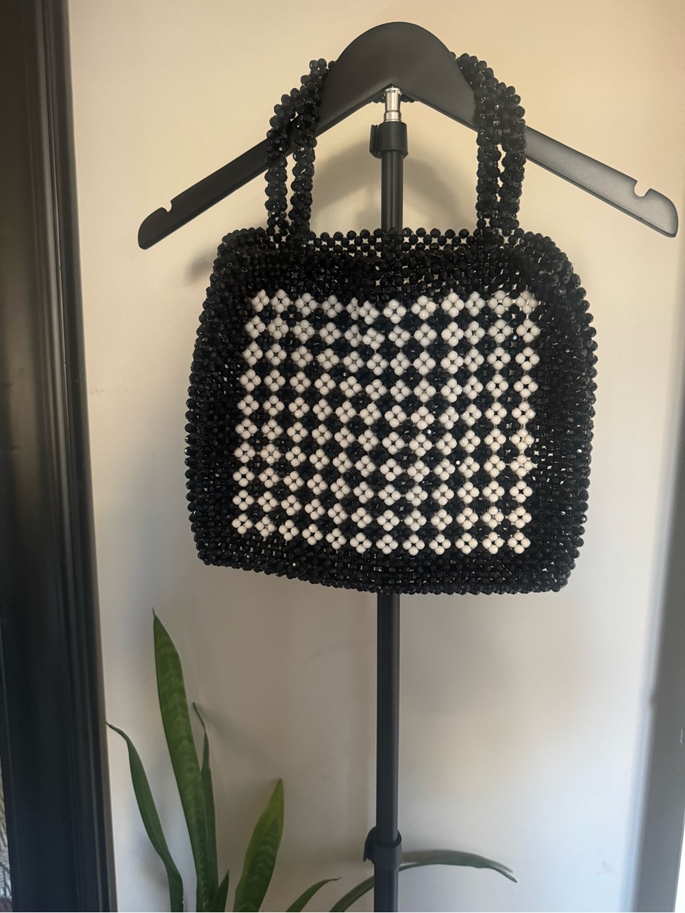 Trouve Black and White Beaded Checker Shoulder Bag
